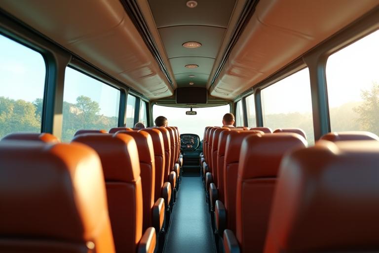 Spacious and clean interior of a luxury tour coach with leather seats.