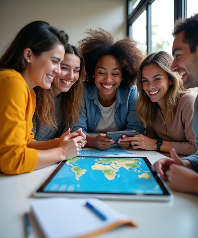 A diverse group of people happily planning a trip together.