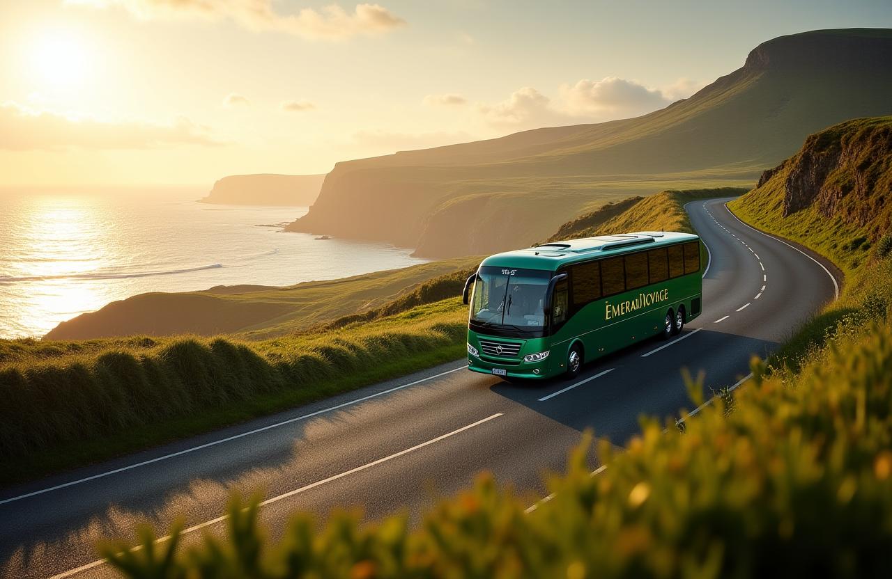 An EmeraldVoyage coach driving along a scenic coastal road in Ireland.