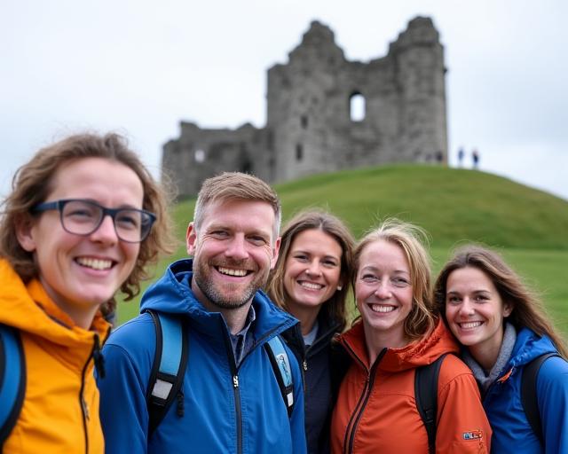 A happy tour group posing in front of the Rock of Cashel.