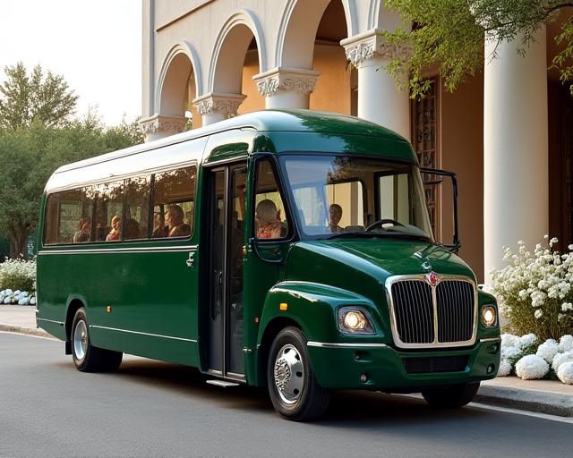 An elegant coach waiting for guests at a wedding venue.