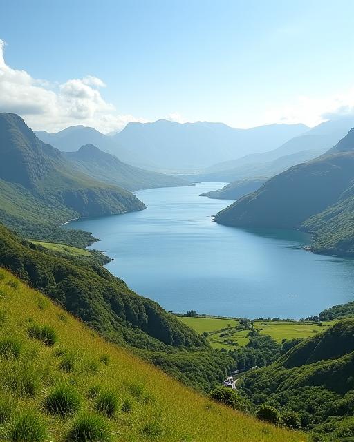 A scenic view of the lakes and mountains along the Ring of Kerry.